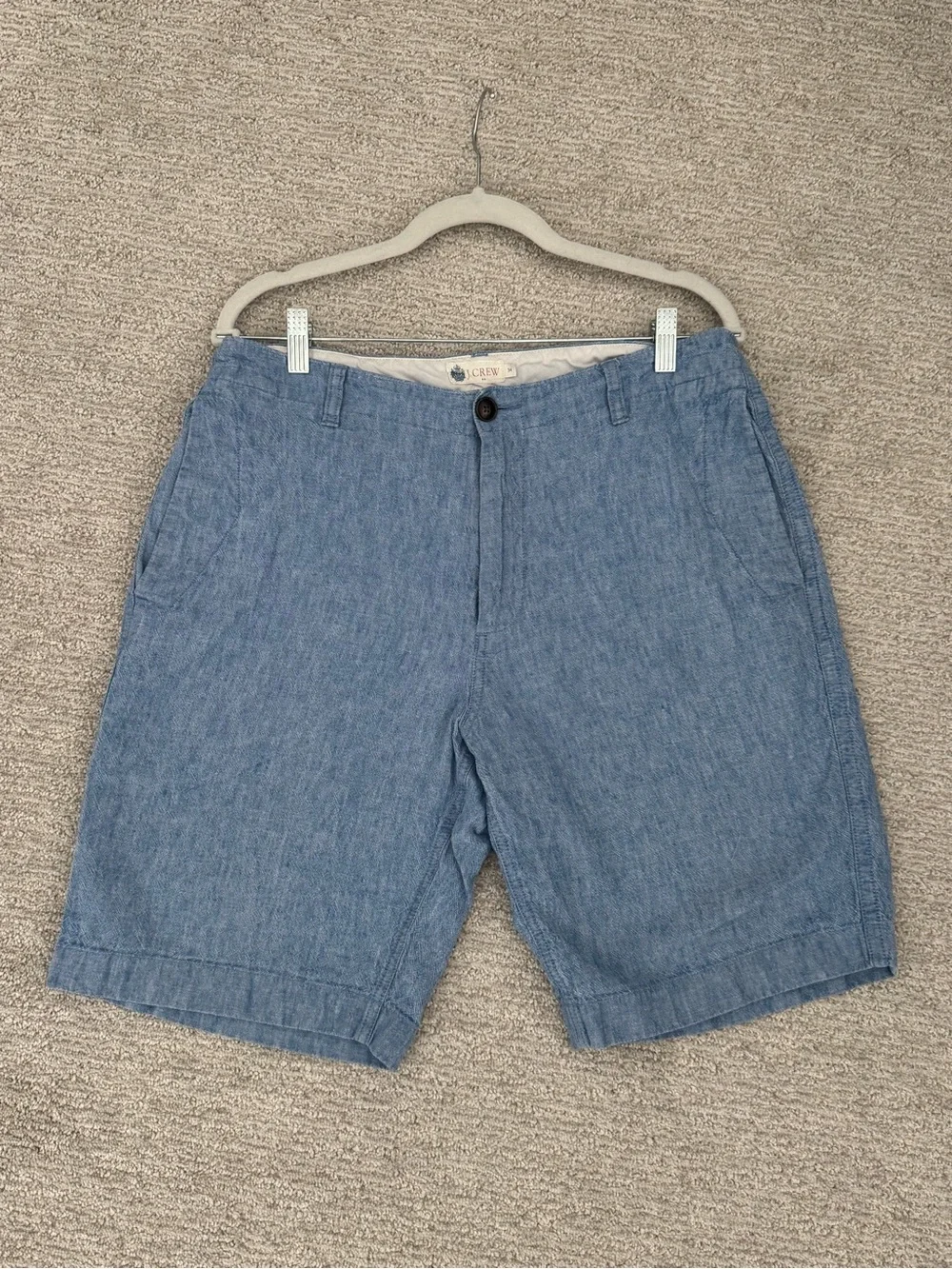 J Crew 9” Linen Blend Shorts Mens 34 Blue Khaki Chino Flat Front Pocket Casual